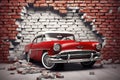 3d mural wallpaper broken wall bricks and a classic red car. world map in a colored background. for Childrens and kids bed room Royalty Free Stock Photo