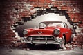 3d mural wallpaper broken wall bricks and a classic red car. world map in a colored background. for Childrens and kids bed room Royalty Free Stock Photo