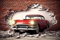 3d mural wallpaper broken wall bricks and a classic red car. world map in a colored background. for Childrens and kids bed room Royalty Free Stock Photo