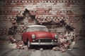 3d mural wallpaper broken wall bricks and a classic red car. world map in a colored background. for Childrens and kids bed room Royalty Free Stock Photo
