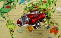 3d mural wallpaper broken wall bricks and red classic car . world map in colored background suitable for Childrens and kids bed r