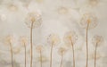 3d mural wallpaper. brown and golden dandelion and leaves on a light beige background.