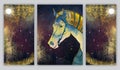 3D mural wallpaper suitable for wall frame canvas print . Horse and golden objects and white moon and trees in dark modern backgro Royalty Free Stock Photo