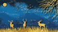 3d mural wallpaper with dark blue golden deer with antlers . tree, birds, ghzaelle and herbs . flat modern background . Suitab