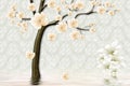 3d mural wallpaper dark brown tree with flowers . white classic background Royalty Free Stock Photo