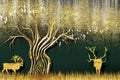 3d mural wallpaper with dark green background . flowers branches, deer butterfly and clouds. gold Antelope and golden stem Royalty Free Stock Photo