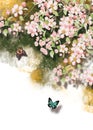 3d mural wallpaper flowers branches , butterfly , birds .Suitable for use on a wall frame Royalty Free Stock Photo