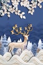 3d mural wallpaper  . flowers branches, deer butterfly and clouds.  Antelope . birds ,mountain, tree , sun in background . Suitabl Royalty Free Stock Photo
