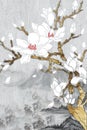 3d mural wallpaper flowers branches with modern gray background with moon, sun, birds . Suitable for use on a wall frame Royalty Free Stock Photo