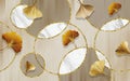 3d mural wallpaper geometric circle marble shapes. golden ginkgo leaves. Modern interior bedroom home wall and carpet decor Royalty Free Stock Photo