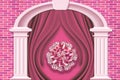 3d mural wallpaper . gold flowers and wall bricks pink and arch . golden jewelry and wavy background Royalty Free Stock Photo