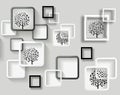 3d mural wallpaper with gray background and flower , squares , circles , butterfly and tree modern simple background Royalty Free Stock Photo