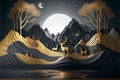 3d mural wallpaper with gray background golden mountains and a white moon. golden tree deer with antlers and . flat modern backgro