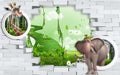 3d mural wallpaper for kids room Broken Brick Wall with beautiful landscape behind with Elephant and giraffe in circle .