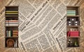 3d mural wallpaper for the library wall and Newspaper with books and vases antique . wood background Royalty Free Stock Photo