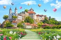 3d mural wallpaper palace with garden and flowers landscape . colored Air balloons in the sky . suitable for Childrens wallpaper Royalty Free Stock Photo