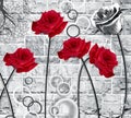 3d mural wallpaper red flowers and circles in black and white wall bricks .