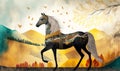 3D mural wallpaper suitable for frame canvas print . horse and golden trees with colored mountains. golden sun and birds with mode