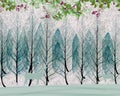 3d mural wallpaper trees in winter snow with branches and flowers . deer birds with flat modern simple background