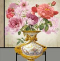 3d mural wallpaper vase with rose pink , colored flowers branches on gray beige background . Suitable for use on a wall frame Royalty Free Stock Photo