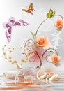 3d mural wallpaper vase with rose pink flowers branches on gray , black , golden background . deer swan water