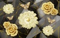 3d mural wallpaper for wall . abstract black background with golden flowers  lines and butterfly . Royalty Free Stock Photo