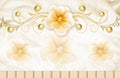 3d mural wallpaper for wall . white yellow flower with golden ball and light background . simple decorative branches motif