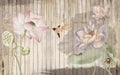 3d mural wallpaper,watercolor painting of Lotus flowers with Wooden texture background