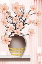 3d mural wallpaper white and black vase with rose flowers on black background . Suitable for use on a wall frame . flowers branche Royalty Free Stock Photo