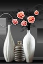 3d mural wallpaper white and black vase with rose flowers on black background . Suitable for use on a wall frame Royalty Free Stock Photo