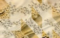 3d mural wallpaper with white flowers, and golden branches. beige silk background Royalty Free Stock Photo