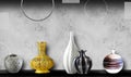 3d mural wallpaper white , golden and black vase with rose on black gray background . Suitable for use flowers on a wall frame