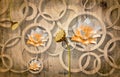 3d mural wallpaper with wooden circles, rings and flowers, High quality rendering decorative 3D wallpaper for living room
