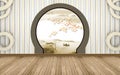 3d mural wallpaper with wooden flower and window in landscape with boat and flowers branches