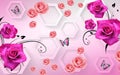 3d mural Wallpapers with flowers orchids and waving butterflies on 3d rendering rose background will visually expand the space in Royalty Free Stock Photo