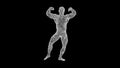3D Muscular man on black background. Sport and Beauty concept. Bodybuilder performs on stage. Business advertising