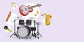 3D musical instruments. Guitar, drum stand, flute, microphone, saxophone, nota