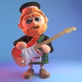 3d Musical Scottish Man In Traditional Tartan Kilt Playing The Electric Guitar, 3d Illustration