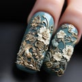 3D nail art with shades of green and adorned with detailed gold filigree designs