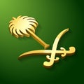 3D national emblem of the Kingdom of Saudi Arabia with gold color and green background. Vector illustration