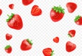 3d nature strawberry leaves decoration. Falling nature freshness food, flying fresh whole berry elements, tasty jam