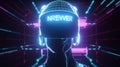 3d neon animation. Human head with virtual reality device. Metaverse simulation concept. User avatar playing game, Generative AI