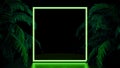 3d neon frame background. Colored blank display with tropical neon palms. Cyber, synthwave, 80s, retro concept.