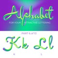 3D neon led alphabet font. Logo K letter, L letter with rounded shapes. Matte three-dimensional letters from the tube, rope green Royalty Free Stock Photo