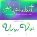 3D neon led alphabet font. Logo U letter, V letter with rounded shapes. Matte three-dimensional letters from the tube, rope green
