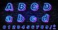 3D Neon letters A-D. Neon blue font english. City blue font. Neon city color blue font. English alphabet and numbers sign. Vector
