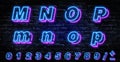3D Neon letters M-P. Neon blue font english. City blue font. Neon city color blue font. English alphabet and numbers sign. Vector
