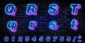 3D Neon letters Q-T. Neon blue font english. City blue font. Neon city color blue font. English alphabet and numbers sign. Vector