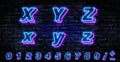 3D Neon letters X-Z. Neon blue font english. City blue font. Neon city color blue font. English alphabet and numbers sign. Vector