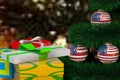 3D New Year tree with USA flag balls and gifts